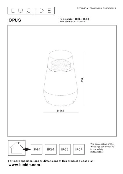 Lucide OPUS - Borne extérieur - LED - 1x9W 2700K - IP54 - Noir - technique